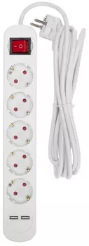 Удлинитель Rexant 13-4035 STANDARD 5 гнезд, 3м, 3х1,0мм2, с/з, с выключателем, 2 USB, белый