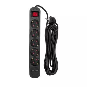 Удлинитель Rexant 13-4042 STANDARD 5 гнезд, 5м, 3х1,0мм2, с/з, с выключателем, 2 USB, черный