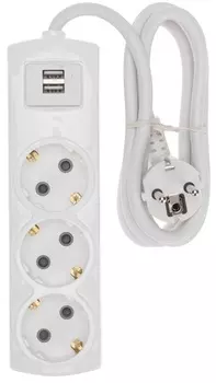 Удлинитель Rexant 13-4109 PREMIUM 3 гнезда, 1,5м, 3х1,5мм2, с/з, 2 USB, белый