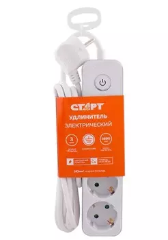 Удлинитель сетевой Старт С/У S 4x3 ZDV 4 розетки с заземлением, 3 м, провод ПВС с сечением 3*1,5 мм, 3680 Вт, 16 А, кнопка ВКЛ/ВЫКЛ, защитные шторки