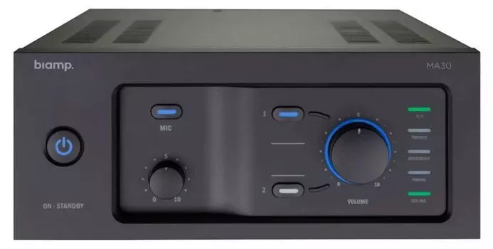 Усилитель BIAMP MA30 912.0661.900/911.0661.900 микширующий: 30Вт (4Ом/100В). Вх.:2xEuroblock(3-pin); 2хRCA.1хприоритетный("сухие контакты").Вых.:1хEur