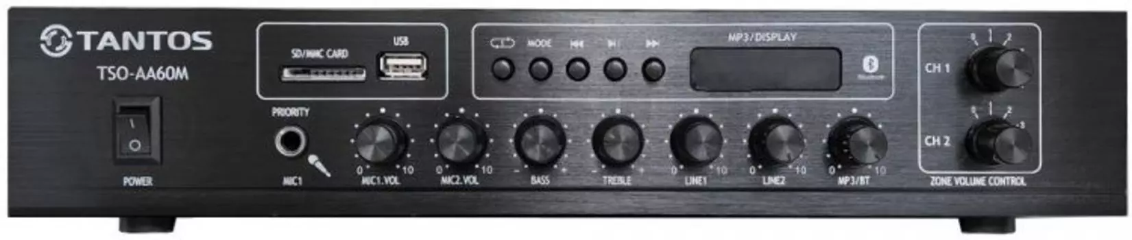 Усилитель портативный Tantos TSo-AA60M 60Вт, 2 зоны, 100В, USB, SD карта, FM-тюнер, Bluetooth, mp3, 2 микрофонных/2 линейных входа, 1 линейный выход
