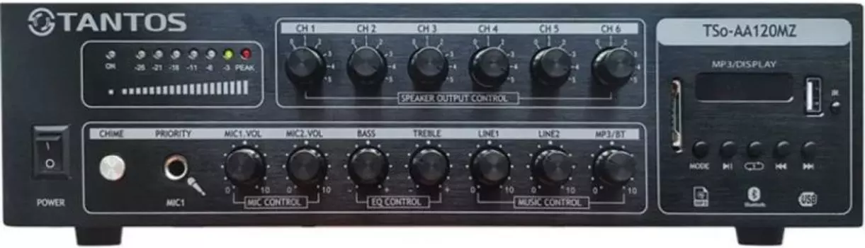 Усилитель Tantos TSo-AA120MZ трансляционный 120 Вт, 6 зон, 100В, USB, SD, FM, Bluetooth, mp3, 2 микр./2 лин. входа (MIC1 - приоритет.), 1 линейный вых