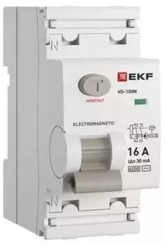 УЗО EKF E1026M1630 ВДТ ВД-100N 2P 16А 30мА AC эл-мех 6кА PROXIMA