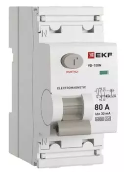 УЗО EKF E1026MA8030 ВДТ ВД-100N 2P 80А 30мА A эл-мех 6кА PROXIMA