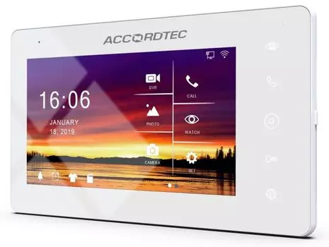 Видеодомофон AccordTec AT-VD A752C/SD WH 7", сенсорные кнопки, 1080P/720P/CVBS. Подключение двух вызывных панелей и двух видеокамер