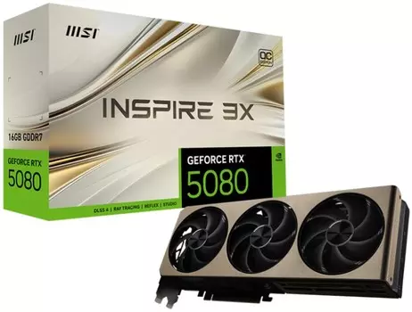 Видеокарта PCI-E MSI GeForce RTX 5080 INSPIRE 3X OC (RTX 5080 16G INSPIRE 3X OC) 16GB GDDR7 256bit 4nm 2640/30000MHz HDMI 3*DP