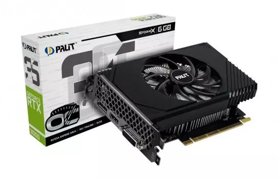 Видеокарта PCI-E Palit GeForce RTX 3050 StormX OC (NE63050S18JE-1070F) 6GB GDDR6 96bit 8nm 1042/14000MHz DVI/HDMI/DP