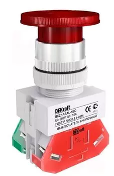 Выключатель DEKraft 25040DEK кнопочный грибок с фикс. AEAL D=22мм 1з+1р (1НО+1НЗ) 220В красный