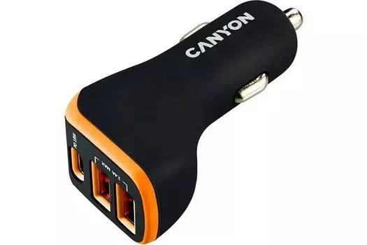 Зарядное устройство автомобильное Canyon С-08 CNE-CCA08BO 2*USB, 2.4A, Type-C PD 18W, Smart IC, black/orange