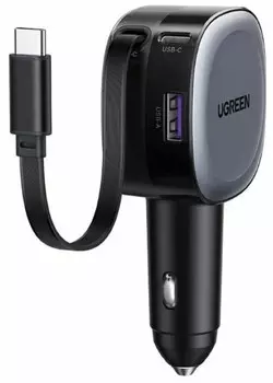 Зарядное устройство автомобильное UGREEN EC601 55653_ 75W 2*USB-C PD+USB-A Fast Car Charge с выдвижным кабелем. Цвет: серый