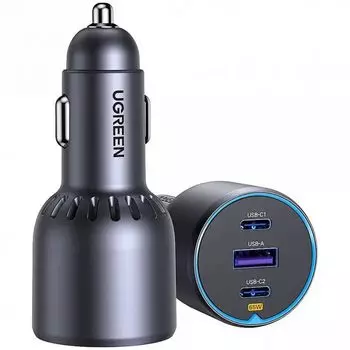 Зарядное устройство автомобильное UGREEN EC703 75W 2*USB-C PD 3.0&USB-A w/o Cable Fast Car Charger, цвет: серый