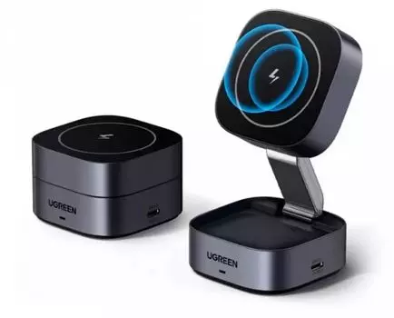 Зарядное устройство беспроводное UGREEN W526 35278_ магнитное 2-в-1 для Iphone&AirPods 7,5W. цвет: серый космос