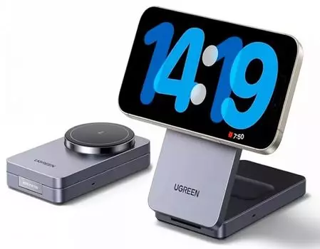 Зарядное устройство беспроводное UGREEN W528 45056_ 2-in-1 Wireless Charger for Iphone 7.5W & AirPods с кабелем USB-C-USB-C. Цвет: серый
