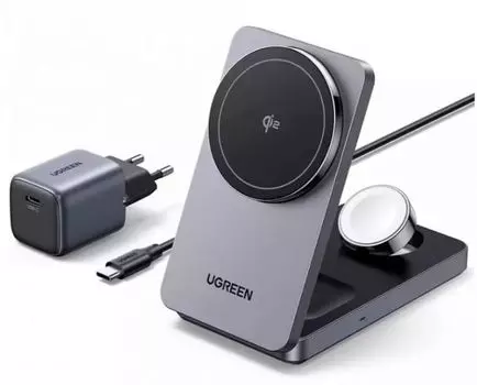 Зарядное устройство беспроводное UGREEN W707 45025_ 3-в-1 Magnetic Qi2 для Apple Watch/ Iphone/Airpods. Цвет: серый