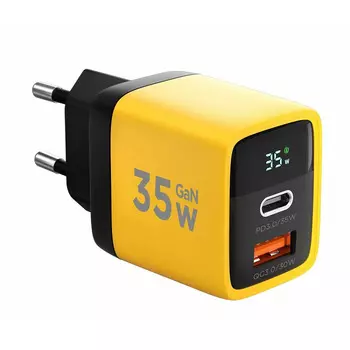 Зарядное устройство сетевое Cablexpert MP3A-PC-53 Зарядное устройство с дисплеем Cablexpert 35Вт GaN, QC3.0/PD3.0, 1хUSB, 1хType-C, желтый, коробка