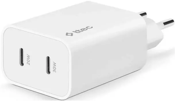 Зарядное устройство сетевое TTEC 2SCG01B SmartCharger Duo GAN PD 50W Fast Travel USB-C + USB-C. Цвет: белый