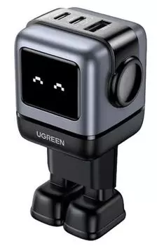Зарядное устройство сетевое UGREEN CD361 UNO 65W USB-A+2*USB-C Robot GaN Tech Fast Charger EU в виде робота, цвет: серый