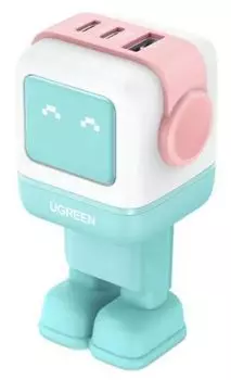 Зарядное устройство сетевое UGREEN CD361 UNO 65W USB-A+2*USB-C Robot GaN Tech Fast Charger EU в виде робота, цвет: розово-голубой