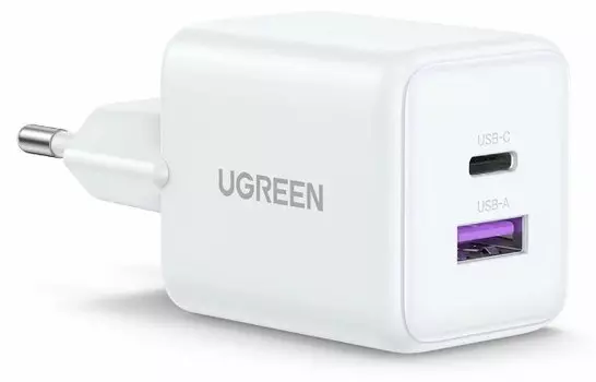 Зарядное устройство сетевое UGREEN X516 65015_ 30W 2-Port USB-C&USB-A GaN Fast Charger EU. цвет: белый