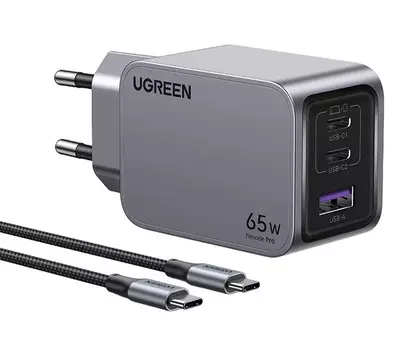 Зарядное устройство сетевое UGREEN X755 25871 Nexode Pro 65W 3-Port GaN Fast Charger EU с кабелем 100W. Длина кабеля: 1м. Цвет: серый