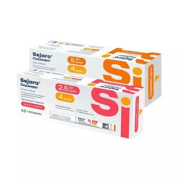 1X Седжаро раствор для п/к введ. шприц-ручка 5мг/доза 2,4 мл+Игла 4шт + 1X Седжаро раствор для п/к введ. шприц-ручка 2,5мг/доза 2,4мл+Игла 4шт