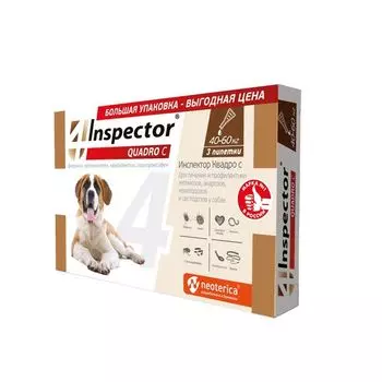 Инспектор Квадро С капли на холку для собак массой 40-60кг пипетка 6мл 3шт