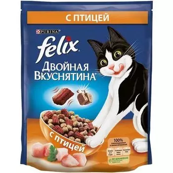 Корм сухой для взрослых кошек, с птицей Felix Двойная Вкуснятина 750г