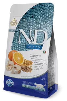 Корм сухой низкозерновой для взрослых кошек треска с апельсином Ocean N&amp;D Farmina/Фармина 300г