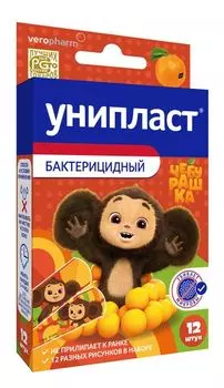 Лейкопластырь бактерицидный прокладка 1,3х2,5см Чебурашка Унипласт 1,9х7,2см 12шт