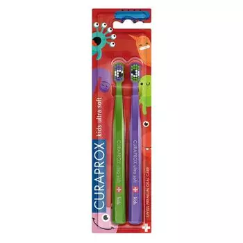 Набор Curaprox/Курапрокс: Щетка зубная ультрамягкая от 4 до 12 лет CS Kids Duo Little Bacterias Edition 2шт