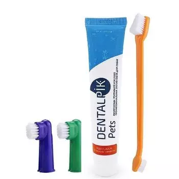 Набор Dentalpik Pets: Паста зубная для собак вкус говядина+Щетка зубная 3шт