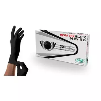 Перчатки нитриловые неопудренные текстурированные нестерильные черные Nitrile Mega Tex SFM 50шт р.S