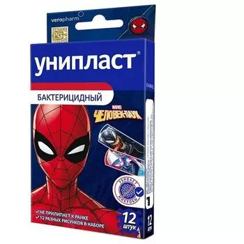 Лейкопластырь бактерицидный Человек паук Унипласт 12шт