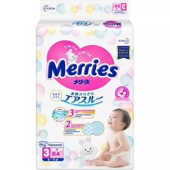 Подгузники Merries/Меррис р.M 6-11кг 64шт