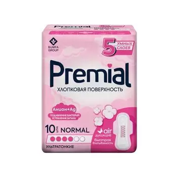 Прокладки гигиенические с крылышками хлопковая поверхность Normal Wings Premial/Премиал 10шт