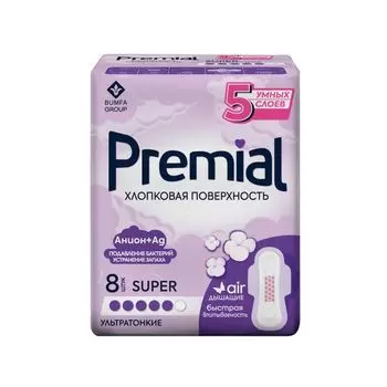 Прокладки гигиенические с крылышками хлопковая поверхность Super Wings Premial/Премиал 8шт