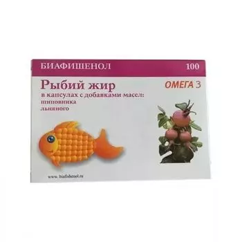 Рыбий жир с маслом шиповника и льна Биафишенол капсулы 0,3г 100шт