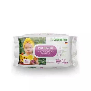 Салфетки влажные детские 0+ алоэ вера и нежный хлопок гипоаллергенные Pure&amp;Nature Synergetic 60шт