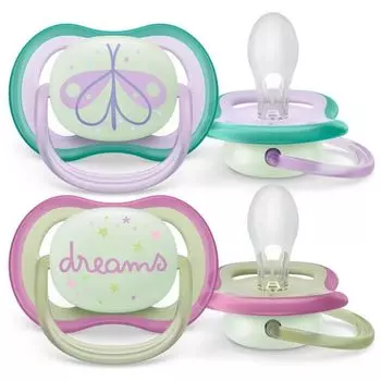 Соска-пустышка силиконовая ортодонтическая с футляром 0-6 мес. Ultra Air night Philips Avent 2шт (SCF376/19)