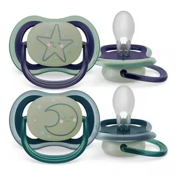 Соска-пустышка силиконовая ортодонтическая с футляром 6-18 мес. Ultra Air Night Philips Avent 2шт (SCF376/13)