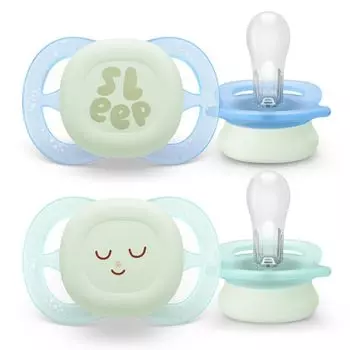 Соска-пустышка силиконовая ортодонтическая с щитком-нагубником с футляром 0-2 мес. Ultra Start NightTime Philips Avent 2шт