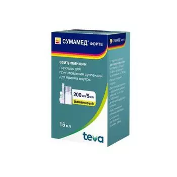 Сумамед Форте банановый с мерной ложкой и шприцем порошок для приг. суспензии для приема вн. фл. 200мг/5мл 16,74г 15мл