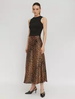 Атласная юбка миди на резинке с леопардовым принтом