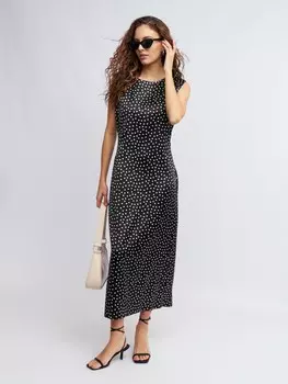 Атласное платье миди в горошек без рукавов