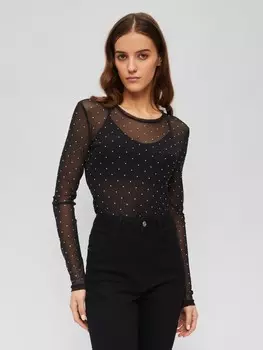 Блузка-лонгслив из полупрозрачной сетки со стразами