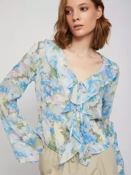 Блузка с вырезом с воланами и с цветочным принтом