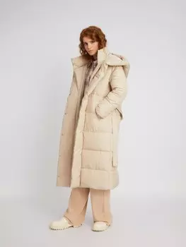 Длинная тёплая стёганая куртка-пальто с капюшоном, высоким воротником и поясом