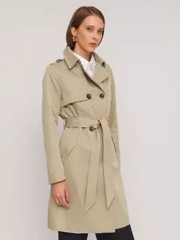 Двубортный тренчкот с акцентной кокеткой и поясом