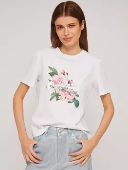 Футболка из хлопка с цветочным принтом на груди
